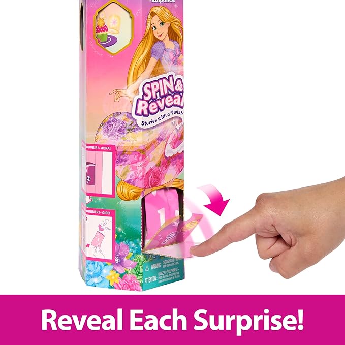 Mattel Disney Princess Rapunzel Fashion Doll Set, Spin & Reveal with 11 Surprises Including 5 Accessories, 5 Stickers & Play Scene, Inspired by Movie