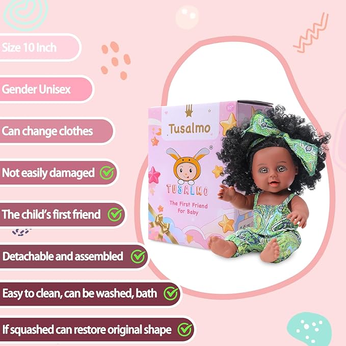 10 INCH Black Baby Doll Toy with Accessories - African American Baby Dolls in Gift Box - Ideal Holiday, Christmas, Birthday Gift for 3 Year Old Girls - Soft Body Black Dolls for Toddlers