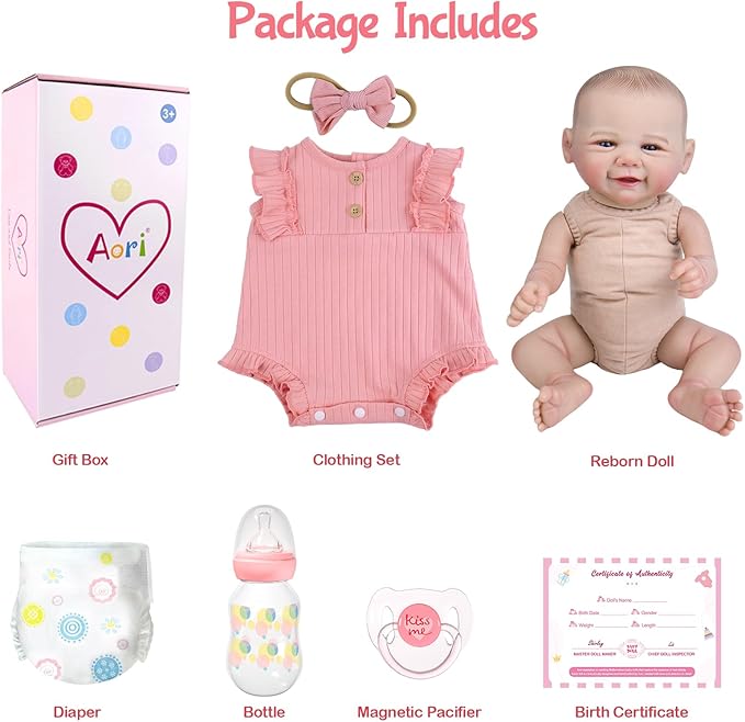 Aori Realistic Reborn Baby Dolls - 20 Inch Lifelike Newborn Baby Girl Doll with Weighted Soft Body and Soft Vinyl Limbs with Pink Outfit Set for Cudding, Perfect Christmas, Birthday Gift for Girls