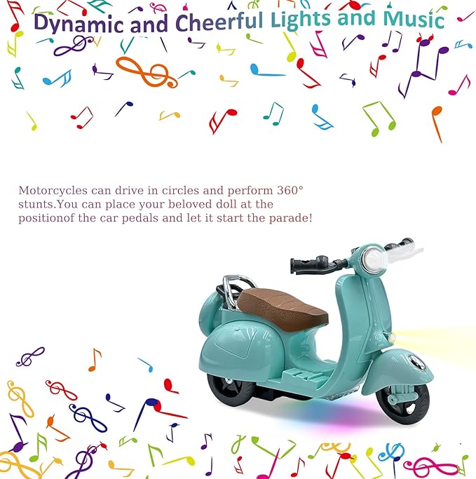 Electric Doll Scooter for 17cm Doll,Funny Doll Accessories with Music and Lights, 360° Rotatable Plastic Scooter Decoration Batteries Not Included (Blue)