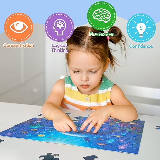 100-Piece Colorful Ocean Puzzles for Kids Ages 4-6 6-8 8-10, 100-Piece Jigsaw Puzzle with Dolphins, Sea Turtles, Fish & Coral – Educational Toy for Boys & Girls – Underwater Animal Puzzle Game