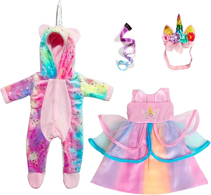 WONDOLL American 2-Sets 18-inch Doll Clothes Set - Amazing Rainbow Unicorn Clothes with Hair Clip and Headband - Compatible with All 18 inch Dolls Accessories for Kids -Pink（no Doll）