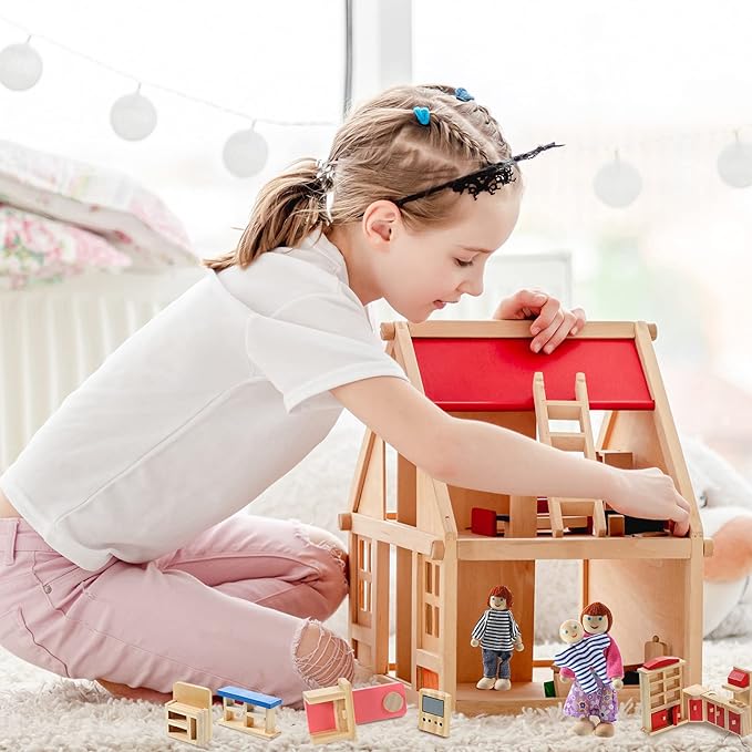 Sumind 35 Pcs Wooden Dollhouse Furniture with Family Figures Dolls for Diverse Imaginative Play Fits Most 1 12 Scale Miniature Dolls House with Kitchen Bedroom Bath Living Room Study Room