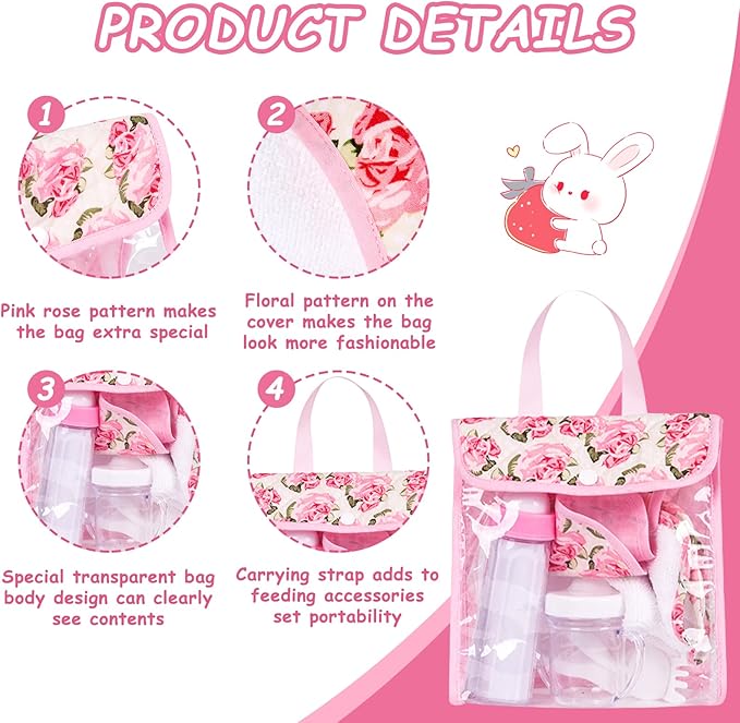 Rakki Dolli Feeding Set Nursery Bag Set for Dolls, Plate Together with Spoon, Fork, Milk Bottle, Juice Cup, Towel &Bib