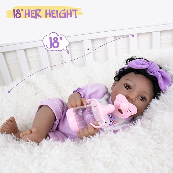 Aori Reborn Baby Dolls Black American Girl - 18" Lifelike Newborn Doll with Posable Limbs Weighted Body for Realistic Feel Handmade Collectible Gift Set Including Bassinet Outfit & Accessories