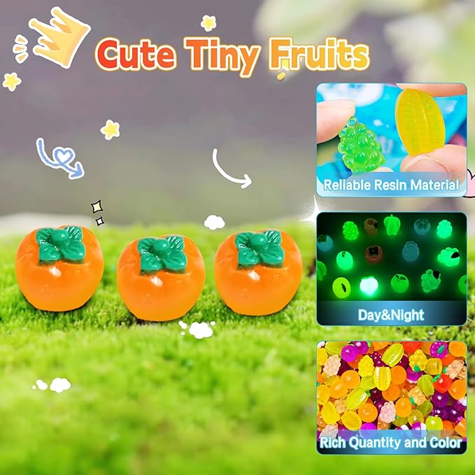 50 Pcs Glow in The Dark Mini Fruit Figurines Blind Bag Set – Resin Luminous Fruits for DIY Crafts, Fairy Garden Accessories, Dollhouse Decor, Mystery Bag Party Favors, Surprise Gift Set