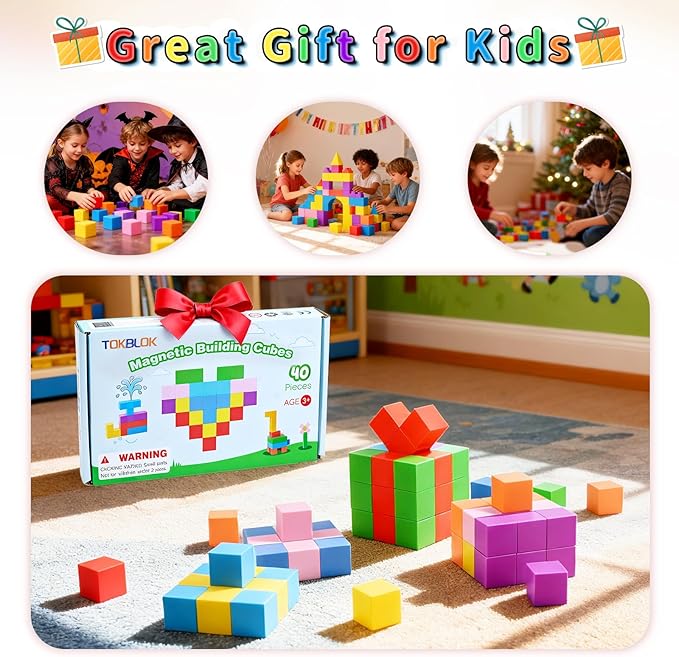 TOKBLOK Magnetic Blocks, 40PCS Rainbow Magnetic Building Blocks for Kids Ages 3 4 5 6 Year Old, Autism Montessori Sensory Magnet Cubes, STEM Learning Educational Magnet Toys Gifts for Girls & Boys