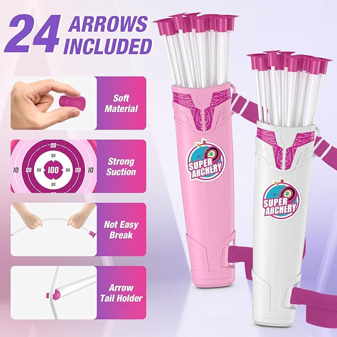 2 Pack Bow and Arrow for Kids, LED Light Up Archery Set with 24 Suction Cup Arrows, 2 Hanging Targets, 6 Score Targets & 2 Quiver, Indoor Outdoor Sport Toys for Girls Ages 4-12