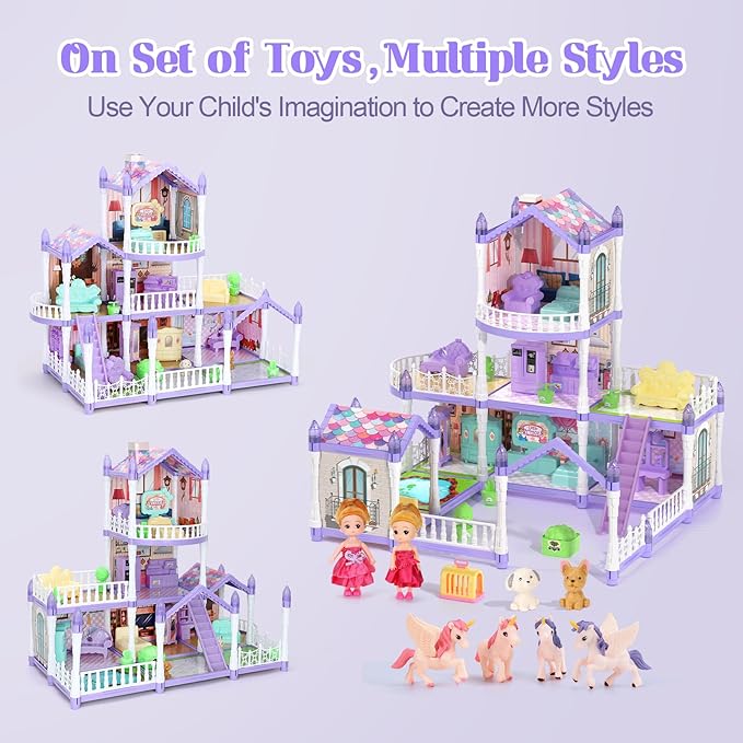 Lilac Purple Doll House for Girls, Dream Dollhouse 9 Rooms with 2 Dolls, 4 Unicons,Lights, Furniture and Accessories, Pretend-Play Toddler Playhouse Gift 3+ Year Old Girls Toys