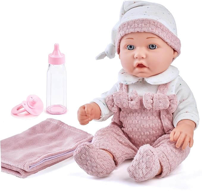 Enjoyin 12 Inch Baby Doll Playset for Toddlers Girl - Doll Accessories with Pink Clothes, Pacifier, Feeding Bottle& Soft Blanket, for Girls Ages 3 and Up