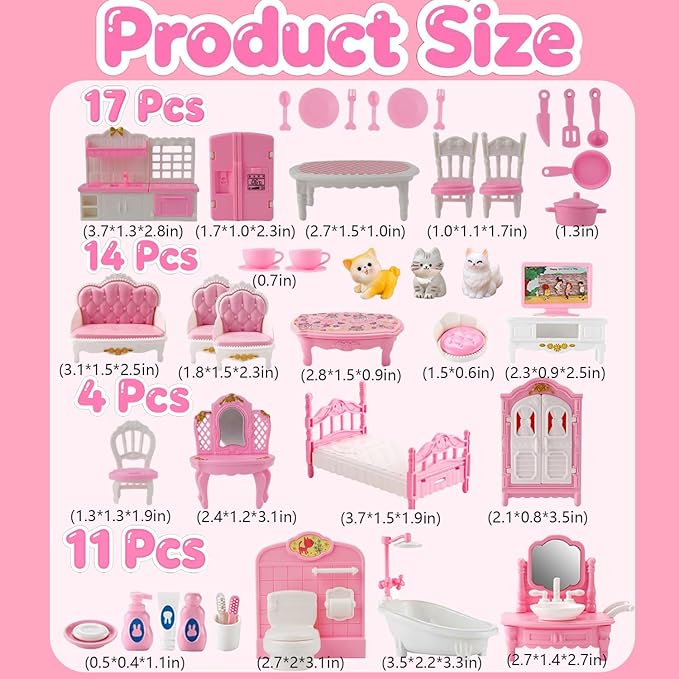 46Pcs Dollhouse Furniture Accessories Set Mini House Furniture Small Dollhouse Miniature Furniture Pretend Play House 1:12 Mini Kitchen Bedroom Livingroom Bathroom Tiny Toy Boy Girl Kid Toddler