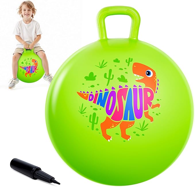 ZOOJOY Hopper Ball for Kids Aged 3-8, 18In Bouncy Balls with Handle, Green Dinosaur Hoppity Hop Ball with Pump, Indoor Outdoor Easter Basket Stuffers Hopping Toys for Boys Girls 3 4 5 6 Gifts