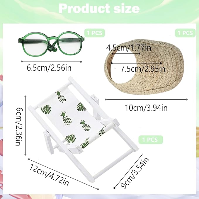 Doll Accessories Compatible with Labubu, 15cm/17cm Dollhouse Furniture,Mini Wooden Folding Beach Sunbath Chair with Sunglasses & Straw Hat,No Doll
