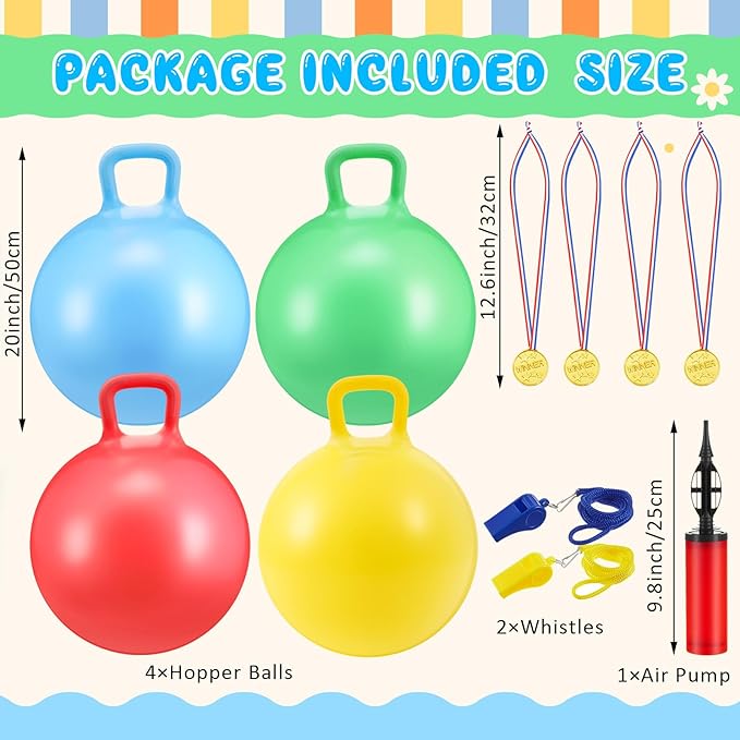 Soulchen 11 Pcs Carnival Outdoor Games Set with 4 Pieces 20 Inch Hopper Balls with Handle 1 Air Pump 2 Whistles 4 Plastic Medals Fall Festival Christmas Yard Games for Adult Boys Girls