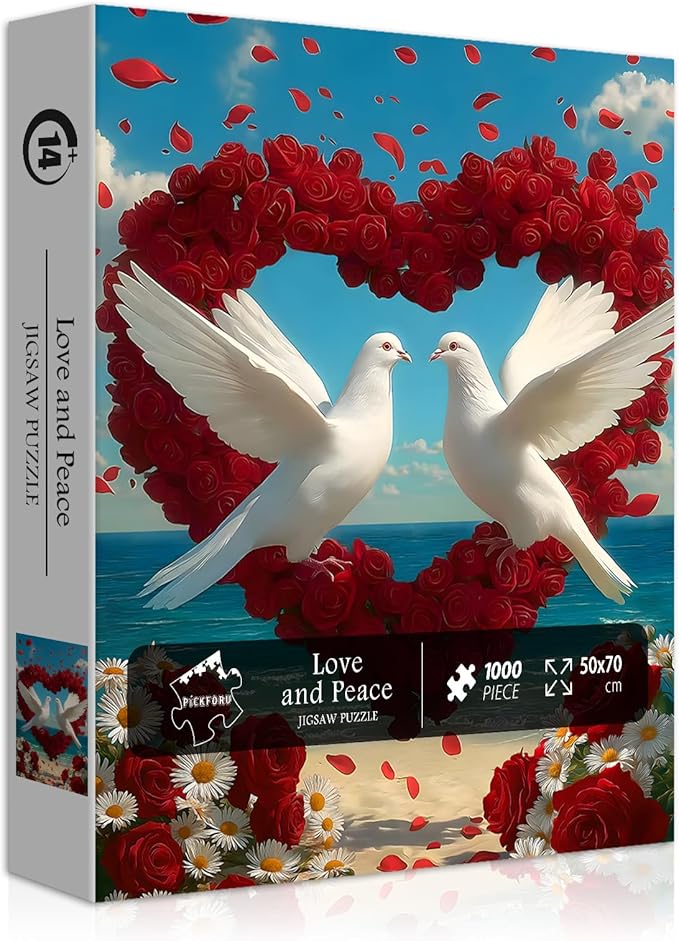 PICKFORU Flower Puzzles for Adults 1000 Piece, Heart Puzzles Beach Bird Dove Love, Rose Ocean Romantic Valentine's Day Jigsaw Puzzle