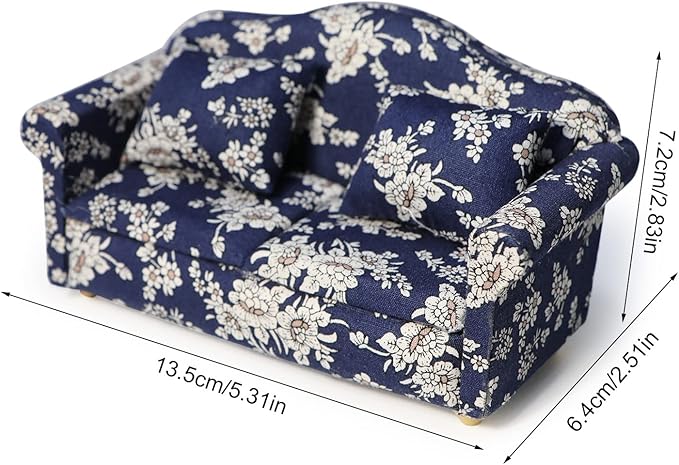 Dollhouse Couch Miniature Sofa with Pillows Dollhouse Living Room Funiture 1:12 Scale Model 3 Pcs High Simulation Upholstered Wooden Fabric Armchair Mini Room Artificial House Scene Decoration (Blue)