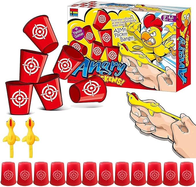 Slingshots Chicken Rubber Chicken 12 Dart Cups Flying Chicken Shooting Games Fidget Toys Stress Relief Finger flingers Stretchy Funny Party Game for Easter's Day Gift Children Adults