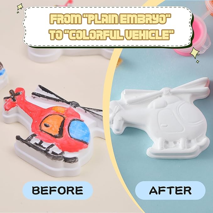 GloomGlo Transportation Theme Kids Paint Kit - White Plaster Vehicles with Complete Paint Set, Brushes & Palettes | Educational Arts Crafts Supplies
