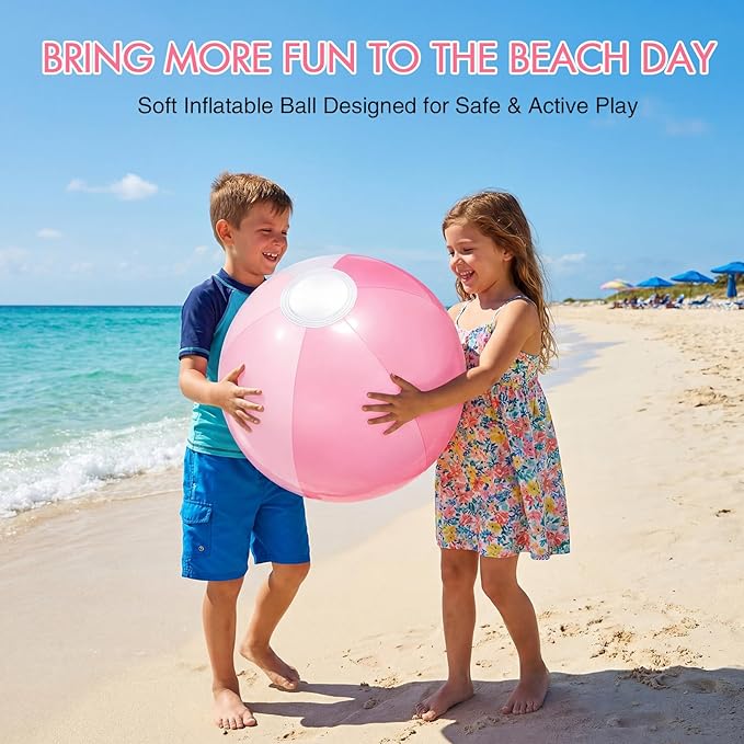 Realspring 12 Pcs Pastel Inflatable Beach Balls Kids Bulk Pink Stripe Jumbo Big Beach Balls Pool Floating Toys for Adults Water Games Baby Shower Birthday Summer Swimming Party Decor(26.5 Inch)