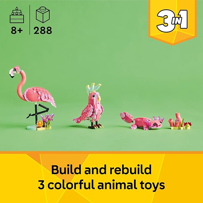 LEGO Creator 3 in 1 Wild Animals: Pink Flamingo Animal Building Toy - Playset with 3 Build Options, Pink Flamingo, Cockatoo, or Axolotl - Learning Toy for Kids, Ages 8+ - 31170