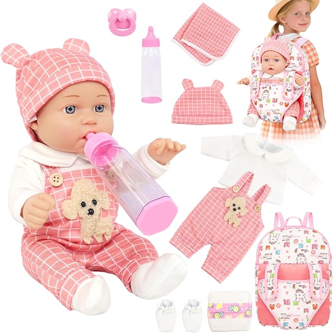 UNICORN ELEMENT 12" Baby Dolls with Backpack Carrier,12 Inch Baby Doll Accessories Cute Hat Pacifier Bottle Diaper Doll Playset for 3+ Year Old Kids