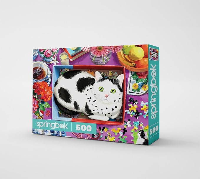 Springbok The Purr-FECT Fit 500 Piece Jigsaw Puzzle for Adults – Poster Now Included - Playful Cat – Unique Cut Pieces – Made in USA