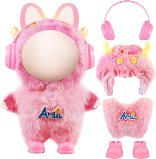 17cm Doll Clothes Set for Labubu Dress Up,Cute Outfit ,4 Piece Hat Overalls Headphones Shoes Dolls Clothing Accessories(NO Doll) (Pink)