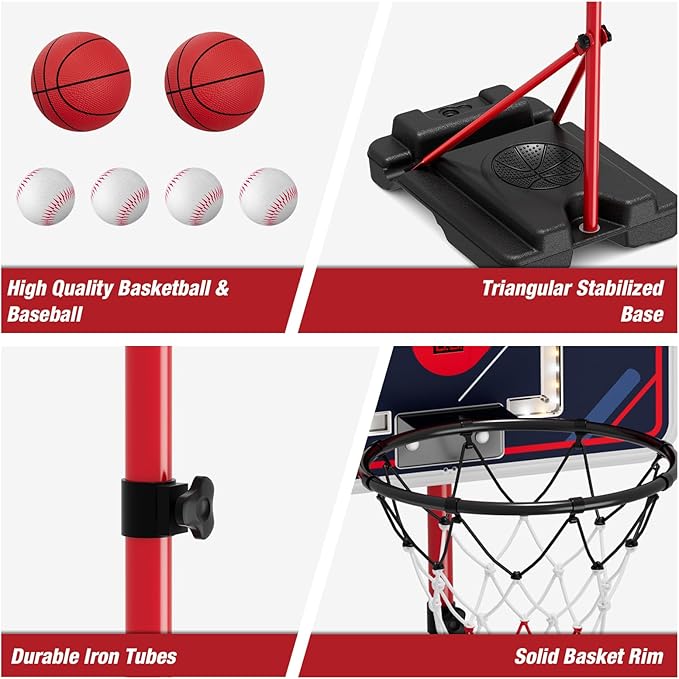 4 in 1 Kids Basketball Hoop and Tball Set for Toddlers 3-5, Adjustable Hanging Tee Ball Stand with Automatic Baseball Pitching Machine, Indoor Outdoor Sport Toys Birthday for Boys