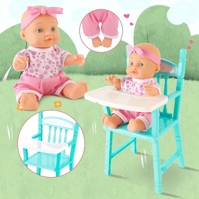 deAO Baby Doll Set Play Set Includes Miniature Crib,Mobile High Chair Stroller,12PCS Baby Doll Accessories,Great Pretend Play Gift for 3+ Years Old Kids Girls Boys S