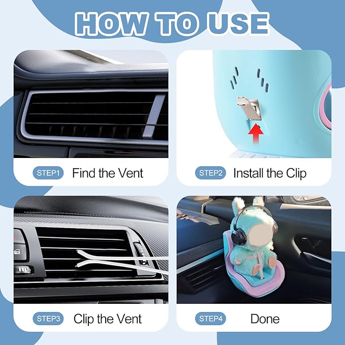 Doll Car Seat, Car Seat for 10-17cm Dolls, Including Air Vent Clip, Desktop Stand, Adjustable Strap, Airflow-Friendly Design, Ideal Car Decor Gifts(Pink Blue)