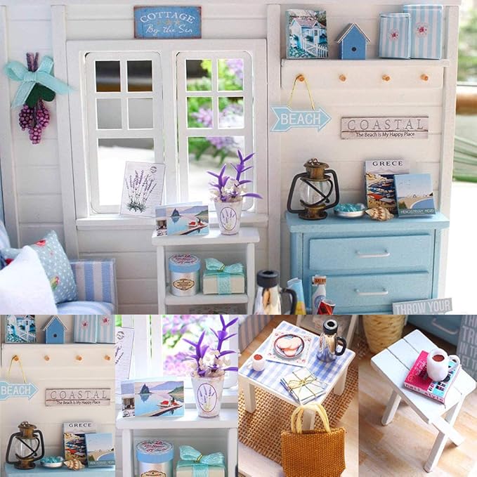 TuKIIE DIY Miniature Dollhouse Kit with Furniture, 1:24 Scale Creative Room Mini Wooden Doll House Accessories Plus Dust Proof for Kids Teens Adults(Beach Cottage)