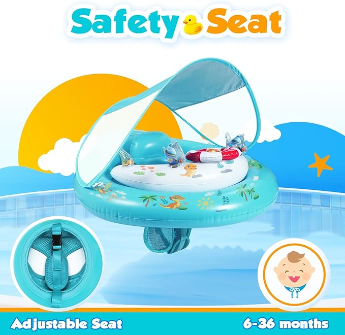 Baby Pool Float with Canopy UPF50+ Sun Protection, Inflatable Kids Pool Floats with Toy Play Console for Baby 6-36 Months, Infant Swimming Float with Adjustable Safety Seat for Boys Girls