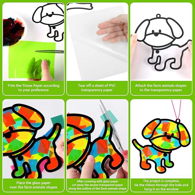 QOUBAI 32 Sets Farm Animals Suncatchers Craft Kit DIY Window Stained Glass Effect Cow Horse Chicken Paper Craft Home School Classroom Decoration Kid Birthday Gift Creative Art Project Activity Game