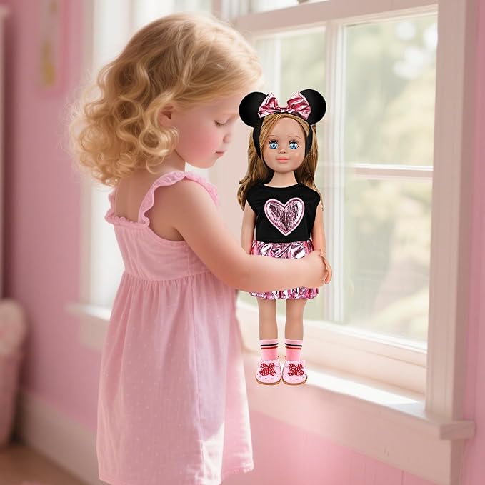 MSYO 18 Inch Doll Clothes & Accessories Set,Black Pink Heart Top & Metallic Pink Skirt Outfit with Mouse Ears Headband,Sunglasses,Socks,Shoes,Bracelet,Fits 16-18 Inch Baby Dolls(Pink)