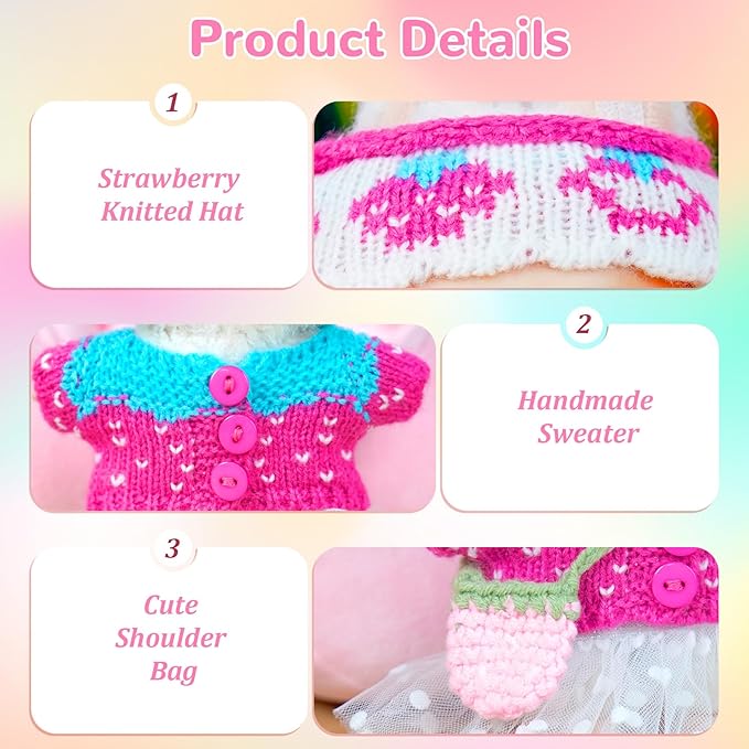 17cm Doll Clothes-Crochet Outfit Accessories Set for 5.91-6.7inch -Crocheted Hat+Pink Strawberry Sweater+White Dress+Bag(NO Doll)