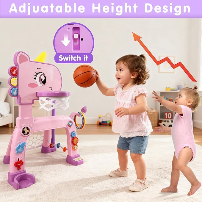Toddler Basketball Hoop & Soccer Goal Activity Center with Golf Ring Toss, 4 In 1 Toddler Sport Toy with Light & Bilingual Music, Montessori Toy for 1 Year Old Girl Gift (24.2''-27.6'' H)