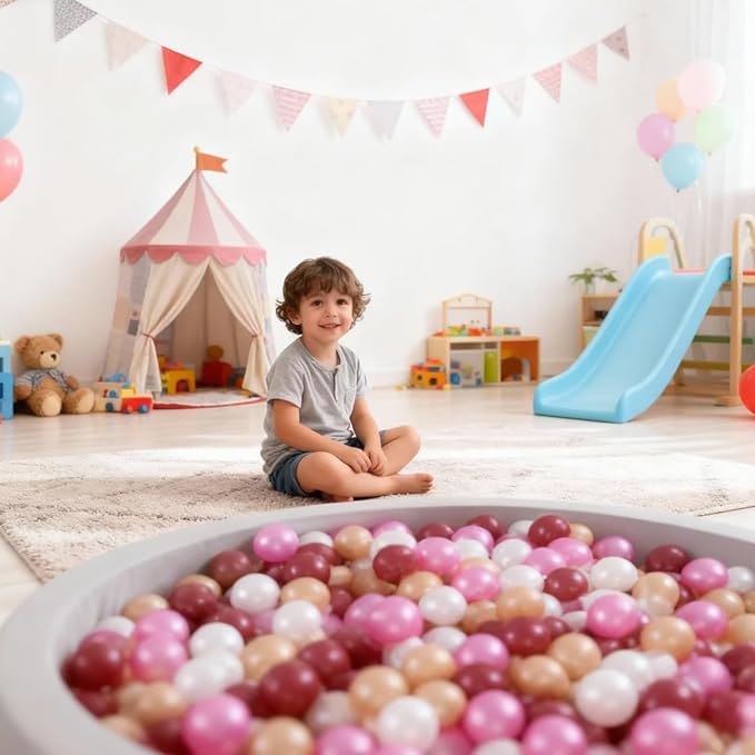 GOGOSO Ball Pit Balls for Toddler, Baby Plastic Playballs Kids Soft Pastel Pelotas Non-Toxic BPA-Free,Dark Pink+Gold+White+red,100 Balls