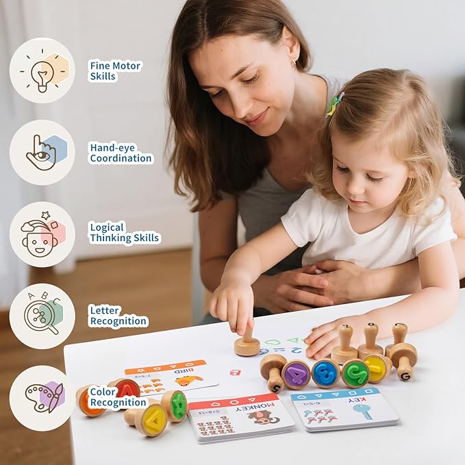 Alphabet Number Stamps for Kids, Wooden ABC Spelling Letter Stampers Set with Flashcard Mathematics Learning Number Stampers Arts & Crafts Supplies, Montessori Toy Gifts for 3 4 5 Year Old