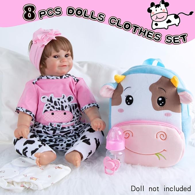 8 Pieces Reborn Baby Doll Clothes Pink Accessories Set with Backpack for 17-22 inch Reborn Doll Clothes Girl Kids Gift Set