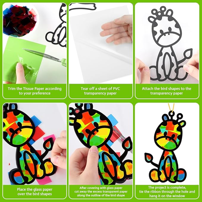 32 Sets Woodland Animal Suncatchers Craft Kit DIY Window Stained Glass Effect Forest Jungle Animals Paper Craft Home School Classroom Decoration Kid Birthday Gift Creative Art Project Activity Game