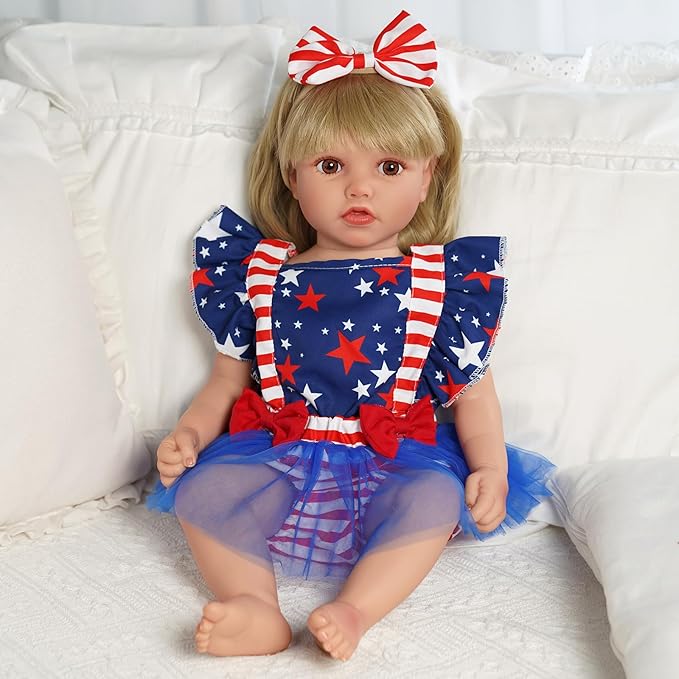 BABESIDE 2 Pcs Reborn Baby Doll Clothes for 17-22 Inch Babydolls, Reborn Doll Dress Accessories with Headband for Realistic Baby Dolls Girls, Stars and Stripes