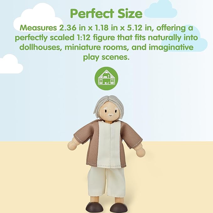 PlanToys® Grandfather Wooden Dollhouse Figurine | Poseable 1:12 Scale Mini Doll (Fair Skin Tone, 5 Inch) | Dollhouse Accessories for Pretend Play | Eco-Friendly Montessori Toy for Kids Ages 3+