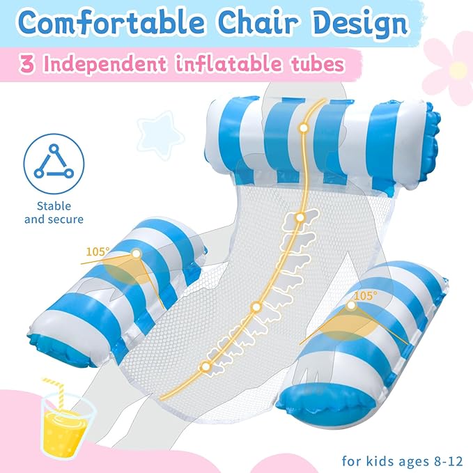Pool Floats Kids, Meegoo Pool Lounge Chairs 3 Tubes Floaties Water Hammock Inflatable Pool Toys for Kids Ages 8-12 for Summer Party Beach Vacation Essentials