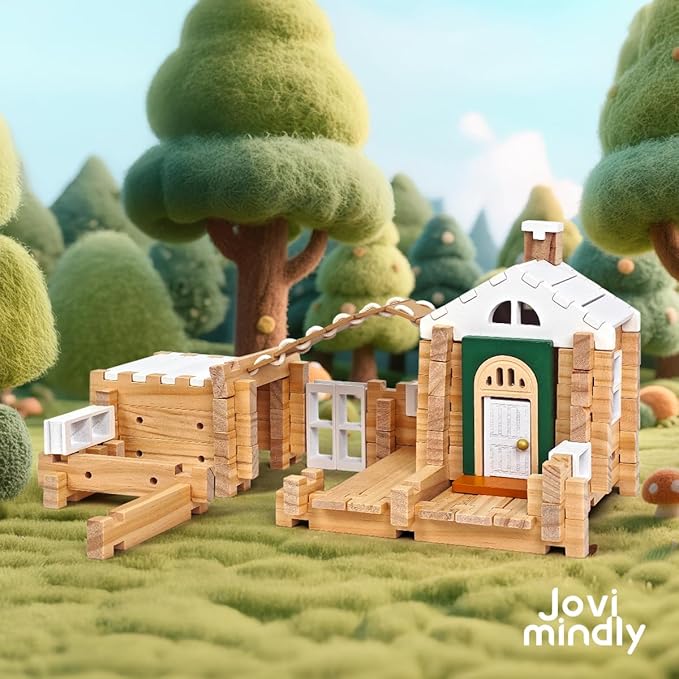 Jovi-mindly＆Notchies 107 Pcs Wooden Blocks Toys with Door and Windows,Classic Old Fashioned Toys,Wooden Building Blocks for Kids Ages 4-8 Boys and Girls,Easter Toys Gifts(No Printed Manual)