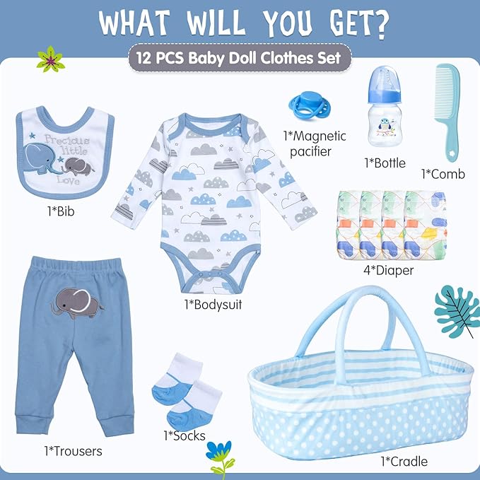 17-20-22 Inch Reborn Silicone Baby Doll Clothes Boy Reborn Clothes Baby Doll Accessories Set 12-Pieces Elephant Outfits+Bassinet +Soft Diapers and Feeding Accessory