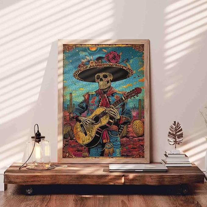 Halloween Skull Play Guiter Puzzles for Adult 1000 Piece Men Skeleton Day of The Dead Art Puzzles for Challenging Family Activity Game Colorful DIY Puzzle Musical Instrument Wall Decor Gifts