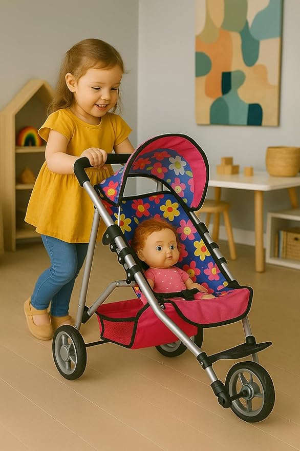 fash n kolor® Baby Doll Stroller Gift for Kids, Toy Doll Stroller with Adjustable Canopy & Storage Basket Push Pram Baby Stroller for Dolls - Foldable Doll Stroller for Pretend Play Dolls Accessories