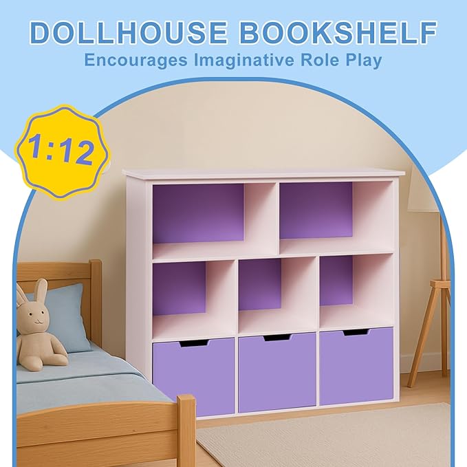 1:12 Scale Dollhouse Bookshelf, Elegant Doll House Book Shelf with Functional Storage, Perfect Doll House Accessories for Living Room or Bedroom