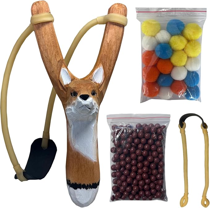 LANJAY Handmade Solid Slingshot with Personalized Carvings, Clay Balls & Pompoms, for Indoor/Outdoor Games, Hunting, Suitable for Adults & Kids