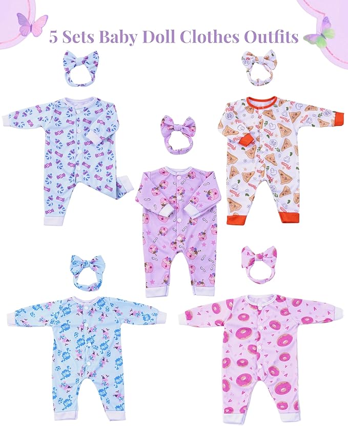 BABESIDE Reborn Baby Doll Clothes for 17-22 Inch Dolls, 5 Sets Baby Doll Clothes Outfits Accessories - Romper Suit and Headband for Boy&Girl Kids Gift